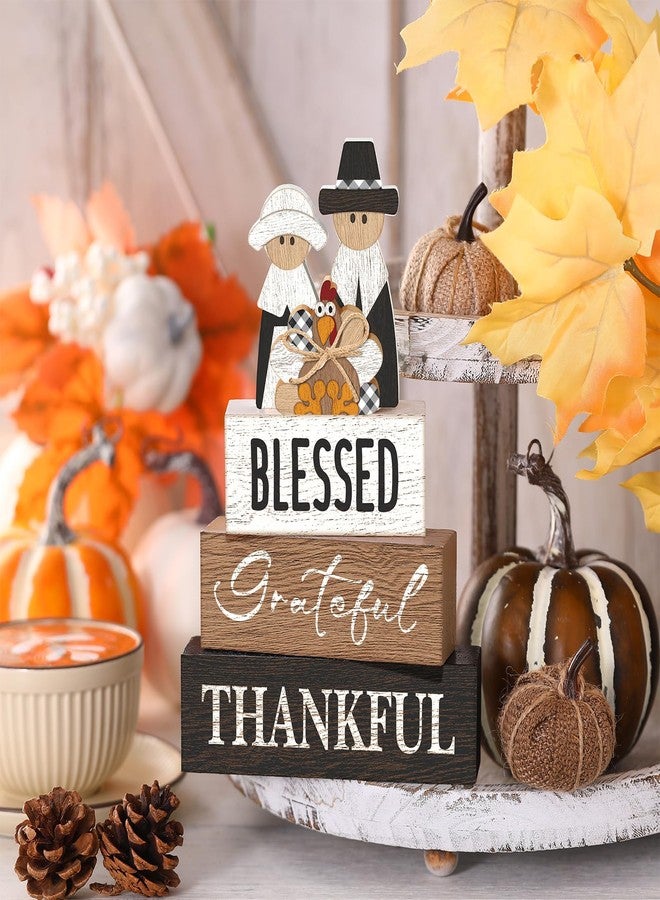 Quzzil 4 Pcs Thanksgiving Table Decor for Home Pilgrim Couple Wooden Signs with Blessed Thanksgiving Autumn Tiered Tray Decor Turkey Tabletop Centerpiece Grateful Block Signs for Office Kitchen Shelf - Image 2